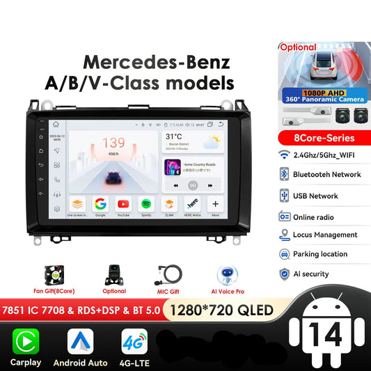 Mercedes Benz B200 Sprinter W906 W639 AB Class W169 W245 Viano Vito 9" Android 14 Carplay Android auto wireless wifi bt gps 4g  AUTM82WU
