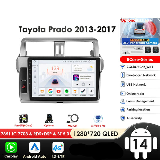 Toyota Land Cruiser Prado 150 2013 - 2017   9" Android 14 Carplay Android auto wireless wifi bt gps 4g   AUTMPRCLLT