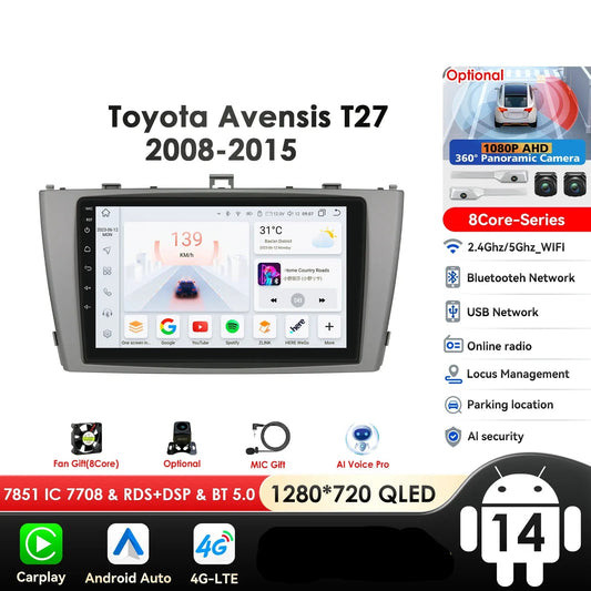 Toyota Avensis T27 2008 - 2015 9" Android 14 Carplay Android auto wireless wifi bt gps 4g  AUTMAVSTY