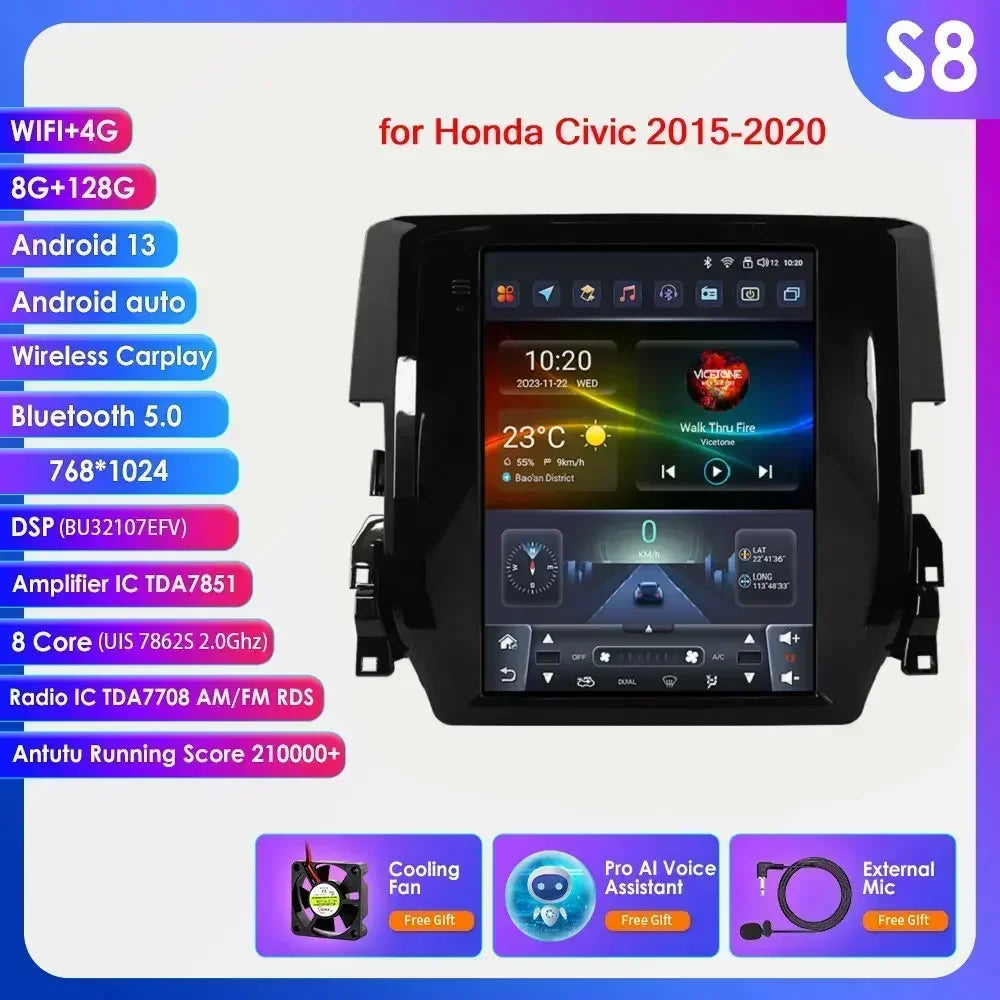 Honda Civic 2015-2020 9.7" Android 14 Carplay Android auto wireless wifi bt gps 4g AUTMCVCH3