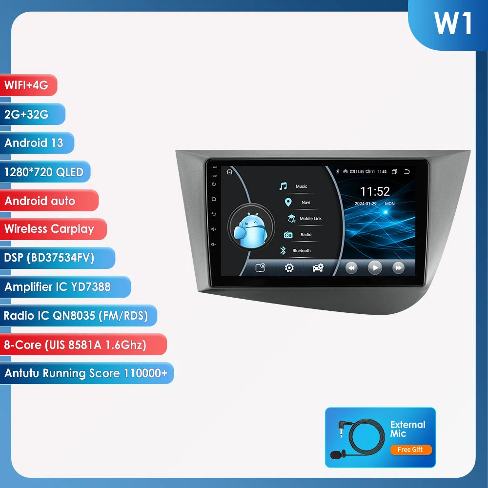 Seat Leon 2 MK2 2005 - 2012 9" Android 14 Carplay Android auto wireless wifi bt gps 4g  AUTMJ9VX