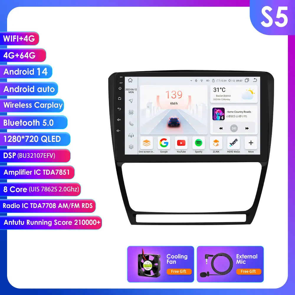 Skoda Octavia 2 A5 2008- 2013   10,1" / 10,33" Android 14 Carplay Android auto wireless wifi bt gps 4g  AUTM7NCO