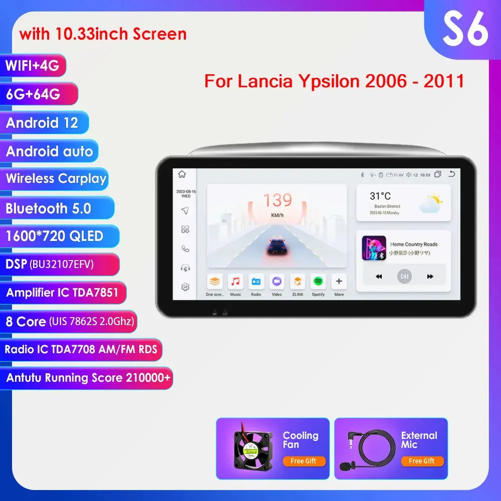 Lancia Ypsilon 2006 - 2011 9" / 10,33" Android 14 Carplay Android auto wireless wifi bt gps 4g  AUTMNYFZ