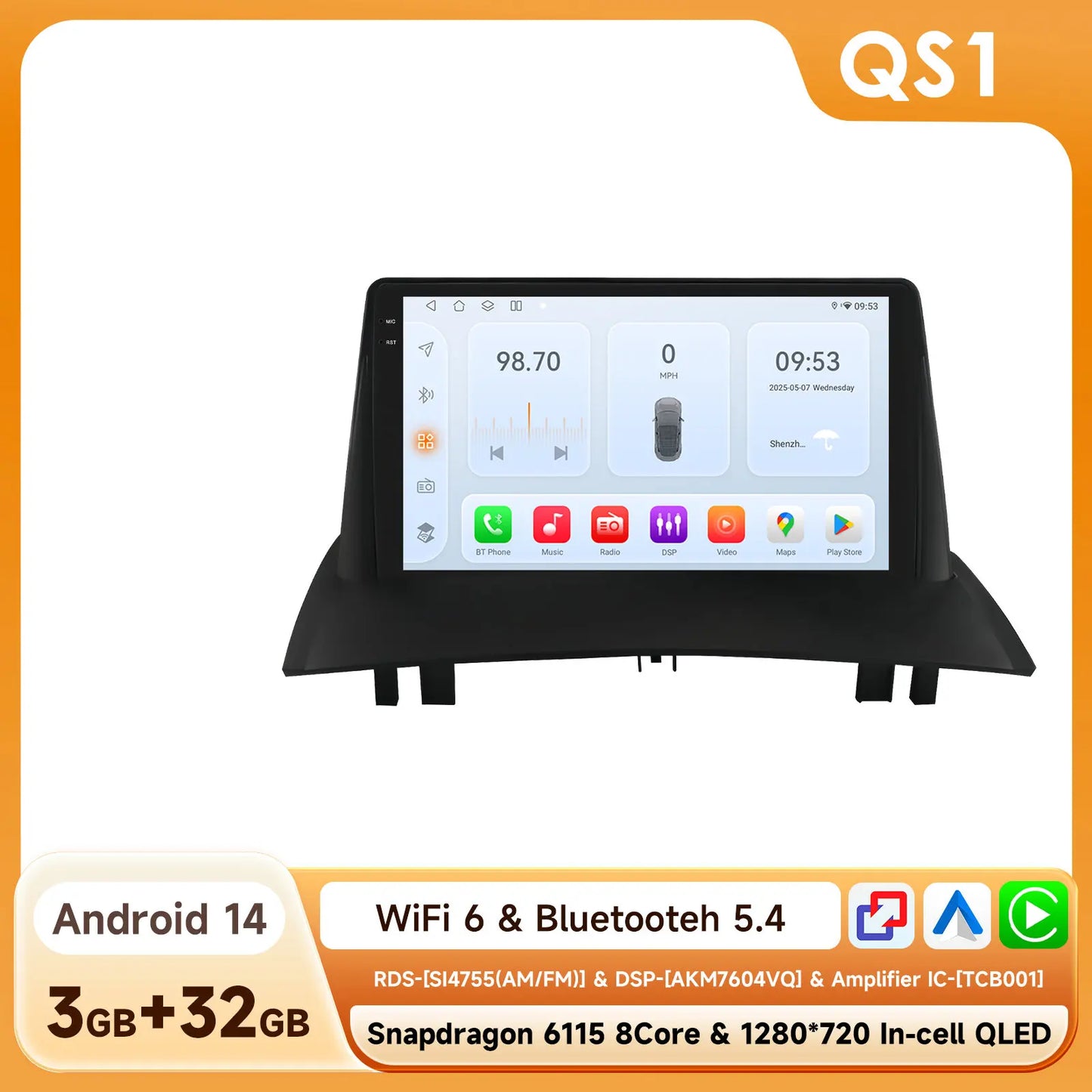 Renault Megane 2 2002-2009 9" Android 14 Carplay Android auto wireless wifi bt gps 4g AUTM6RPO