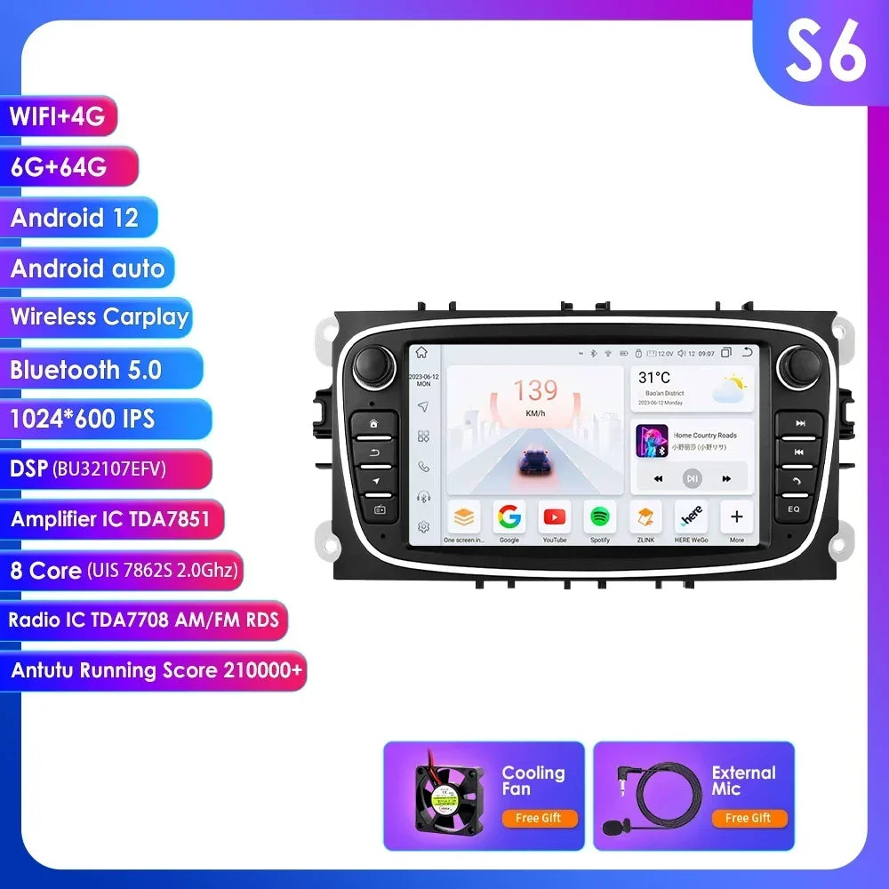 Ford Focus S-Max Mondeo Galaxy C-Max Kuga 7" Android 14 Carplay Android auto wireless wifi bt gps 4g  AUTMW9ZB