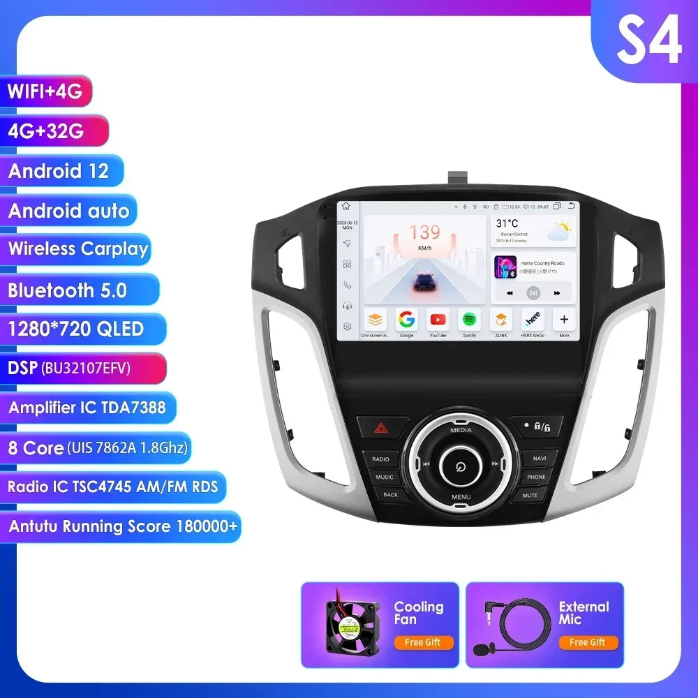 Ford Focus 3 Mk 3 2011 - 2019 9" Android 14 Carplay Android auto wireless wifi bt gps 4g  AUTMSYSF