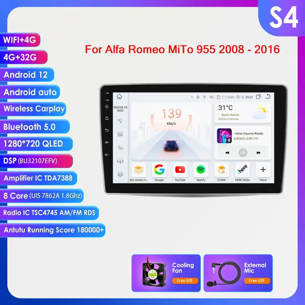 Alfa Romeo MiTo 955 2008-2016 9" Android 14 Carplay Android auto wireless wifi bt gps 4g AUTM5QGH