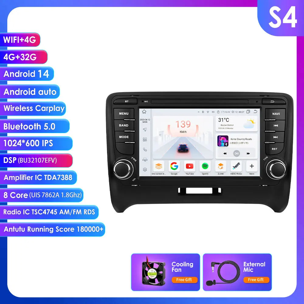 AUDI TT MK2 8J 2006 -2014 7" Android 14 Carplay Android auto wireless wifi bt gps 4g  AUTM9BCX