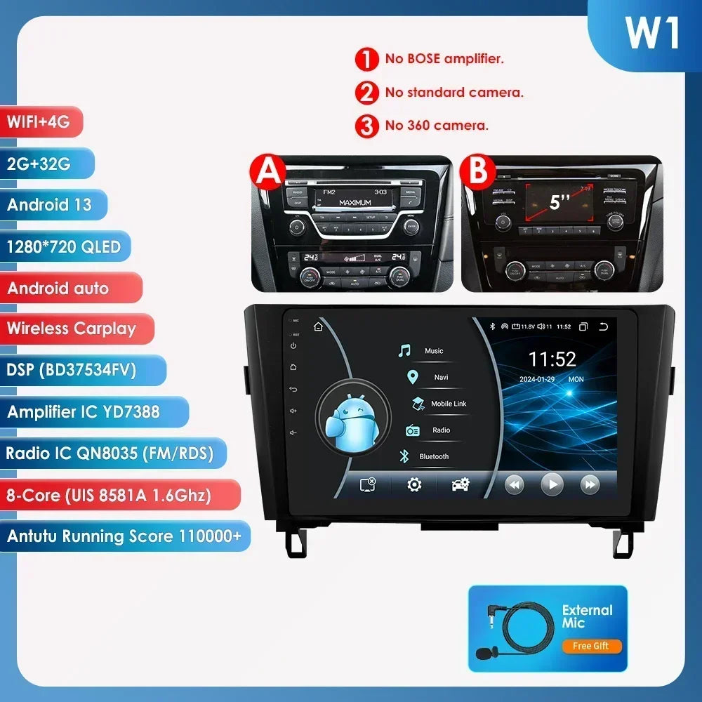 Nissan X-Trail Xtrail X Trail 3 T32 Qashqai 2 J11 2014-2018  10" Android 14 Carplay Android auto wireless wifi bt gps 4g AUTMSINJ11