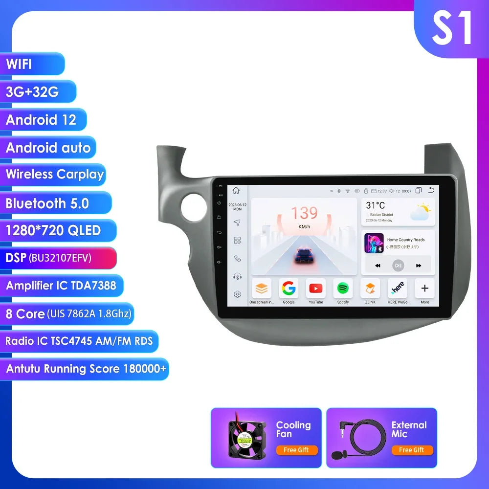 HONDA FIT JAZZ 2007-2013 9" Android 14 Carplay Android auto wireless wifi bt gps 4g  AUTMJZFHD