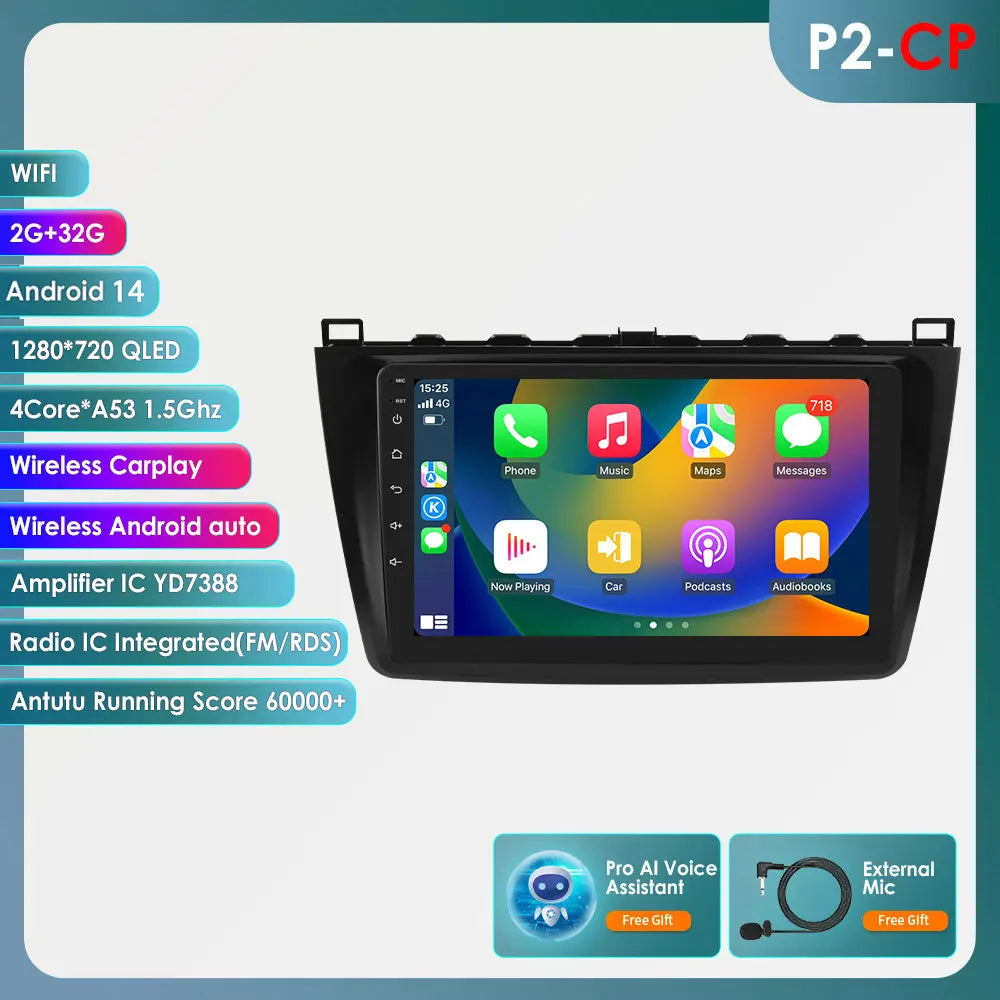Mazda 6 2007 - 2012 9" Android 14 Carplay Android auto wireless wifi bt gps 4g AUTMJSBD