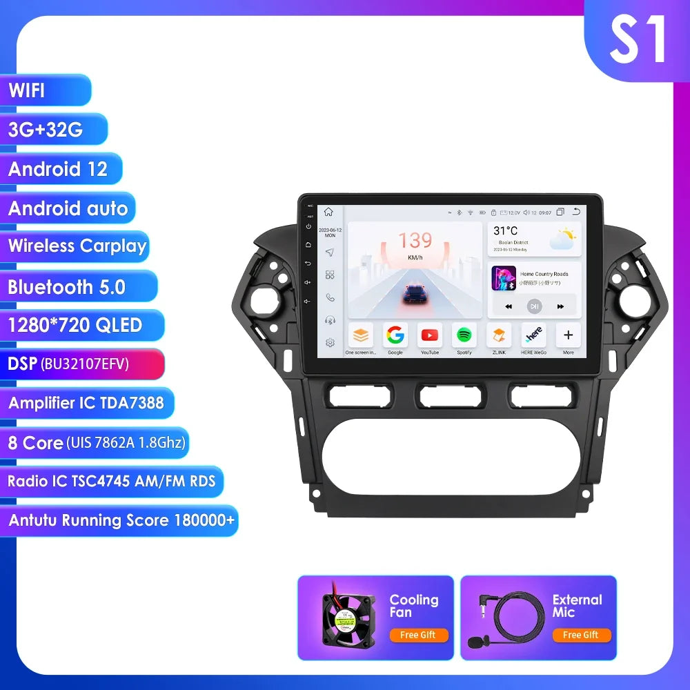 Ford Mondeo 2010 - 2014 9" Android 14 Carplay Android auto wireless wifi bt gps 4g  AUTMNXWC