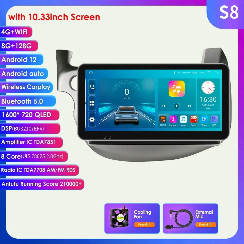 HONDA FIT JAZZ 2007-2013 9" Android 14 Carplay Android auto wireless wifi bt gps 4g  AUTMJZFHD