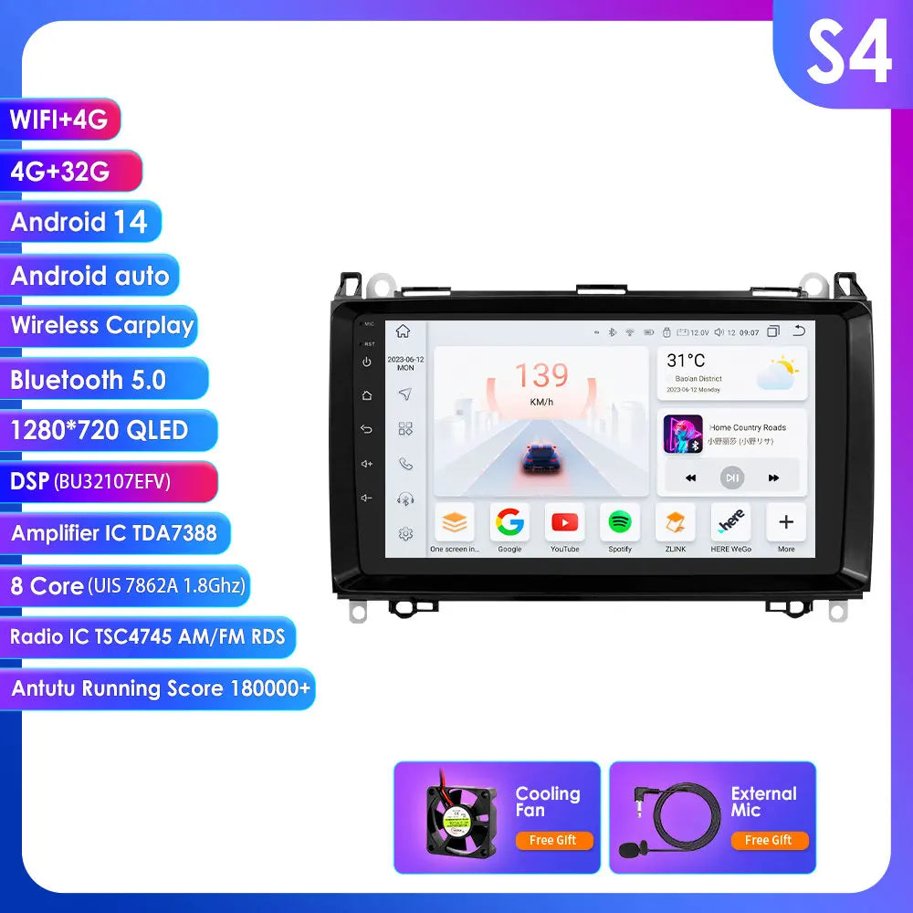 Mercedes Benz B200 Sprinter W906 W639 AB Class W169 W245 Viano Vito 9" Android 14 Carplay Android auto wireless wifi bt gps 4g  AUTM82WU