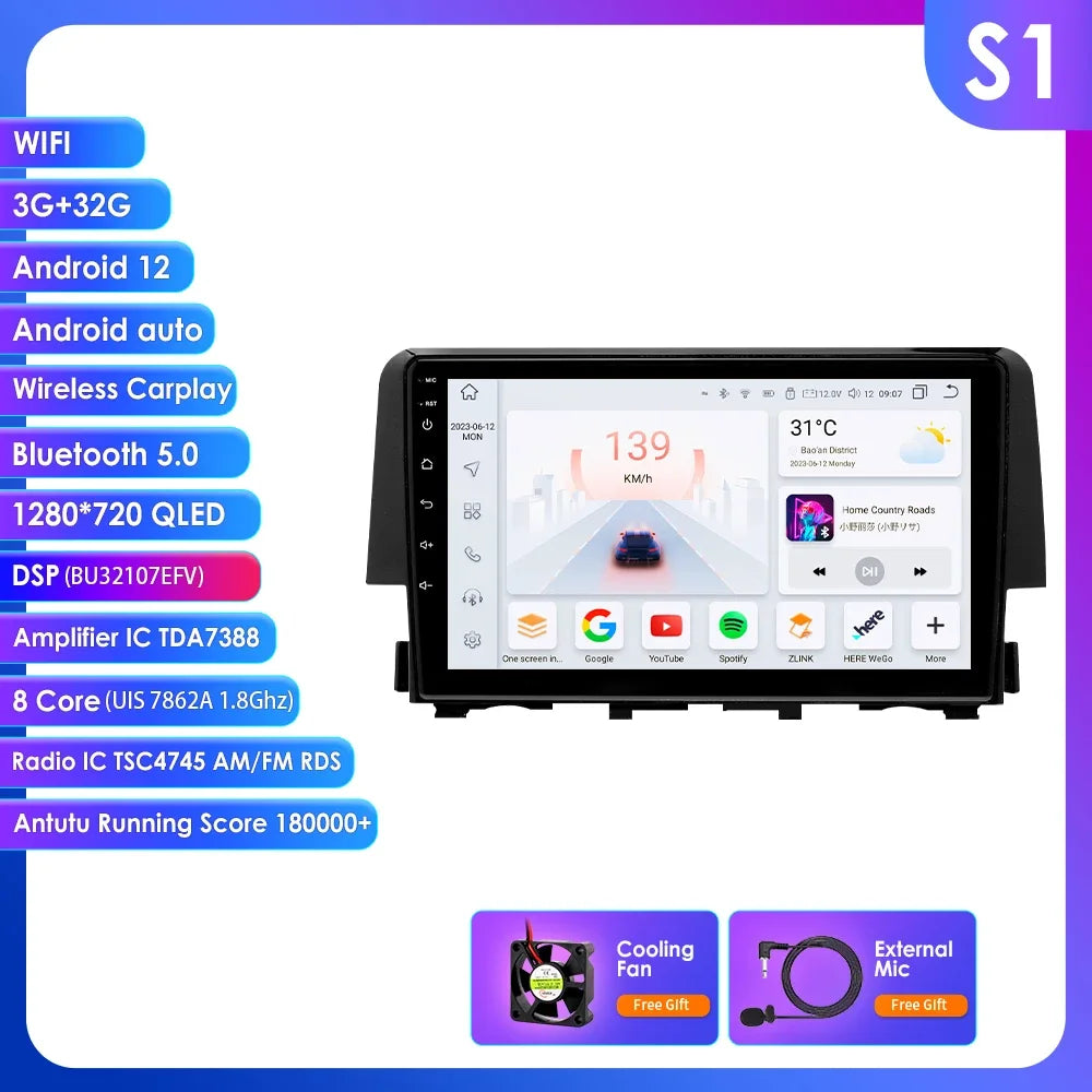 Honda Civic 10th 2016-2018 9'' Android 14 Carplay Android auto wireless wifi bt gps 4g RDS AUTMCDNH2