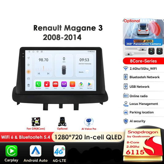 Renault Megane 3 Fluence Samsung SM3 2008-2014 9" Android 14 Carplay Android auto wireless wifi bt gps 4g  AUTMNXGW