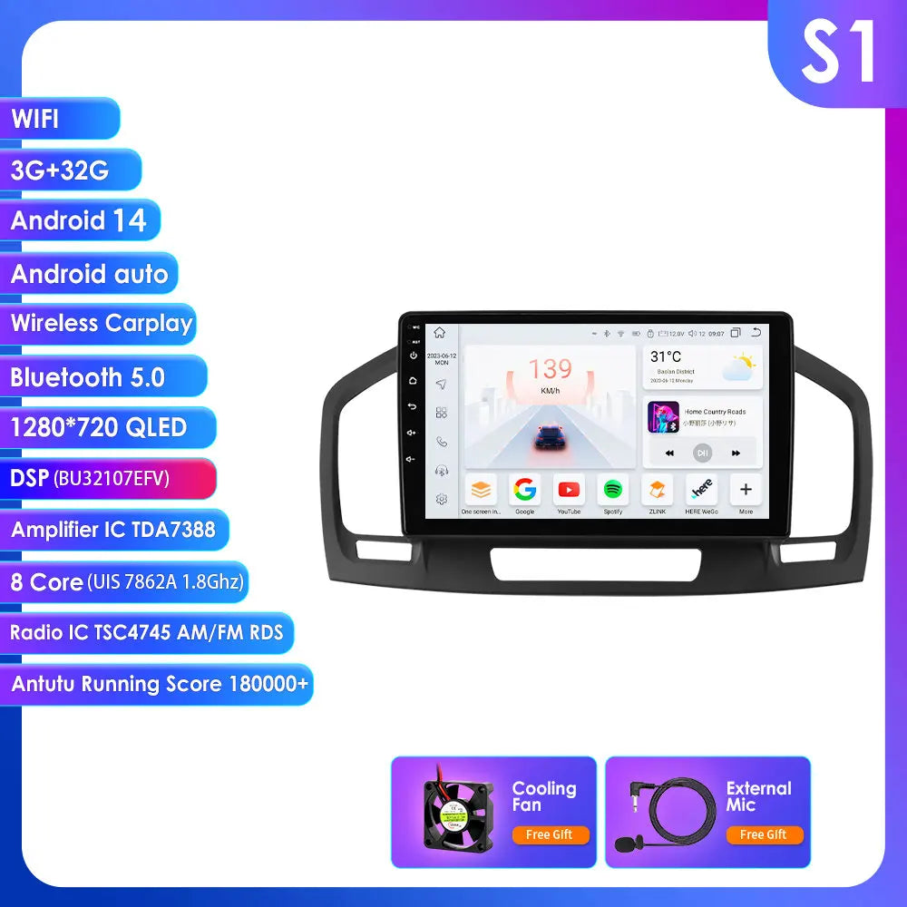 Opel Insignia 2009-2017 9" Android 14 Carplay Android auto wireless wifi bt gps 4g  AUTM9ZD8