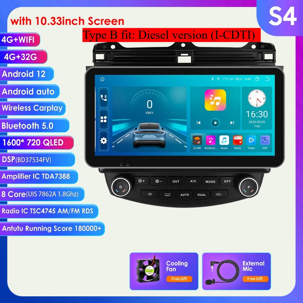 Honda Accord 7 2003 - 2007 9" Android 14 Carplay Android auto wireless wifi bt gps 4g AUTMDROH