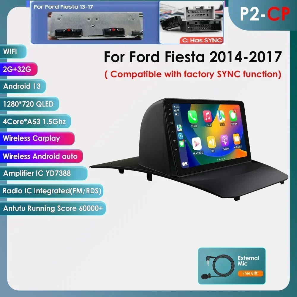 Ford Fiesta 2009-2017 9" Android 14 Carplay Android auto wireless wifi bt gps 4g  AUTMQZ61