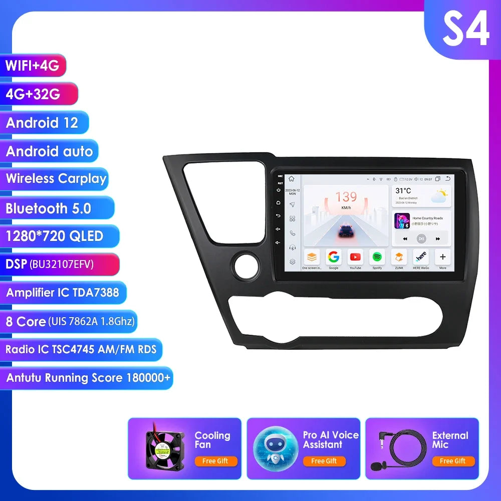 Honda Civic 2013-2016 9" Android 14 Carplay Android auto wireless wifi bt gps 4g AUTMCTVR7