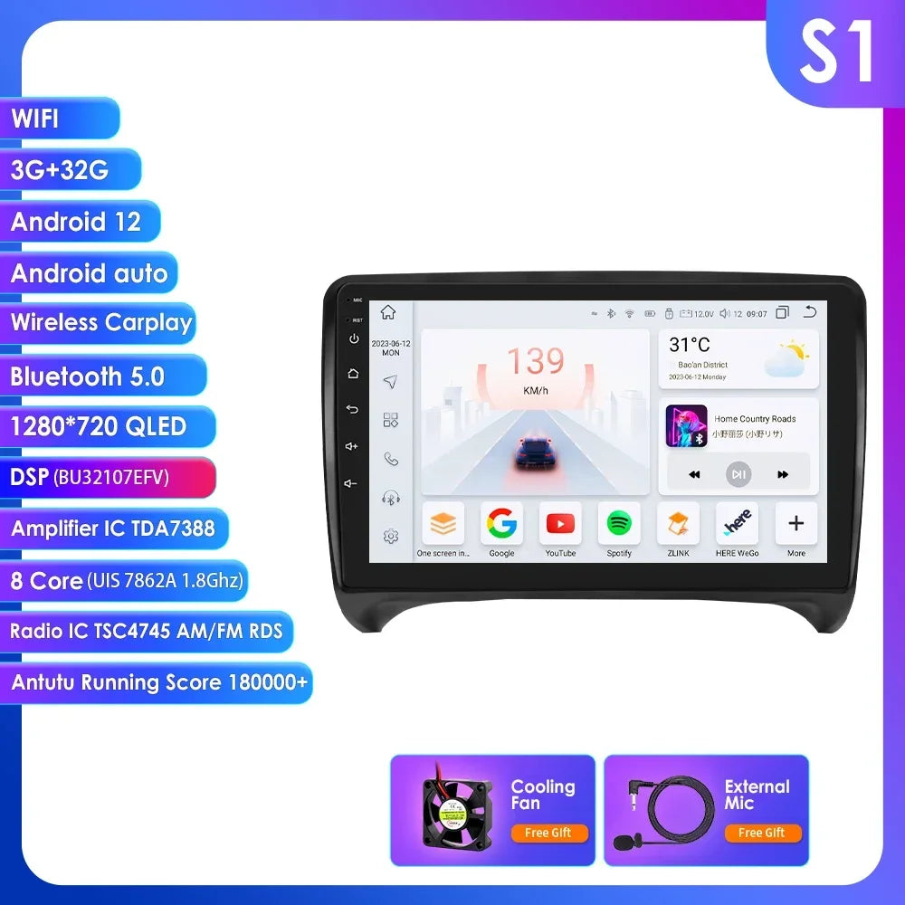 AUDI TT MK2 8J 2006 -2014 9" Android 14 Carplay Android auto wireless wifi bt gps 4g  AUTMMWU1