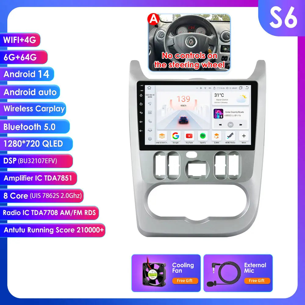 Dacia Logan I Sandero 2009-2015 9" Android 14 Carplay Android auto wireless wifi bt gps 4g  AUTMVG9Z