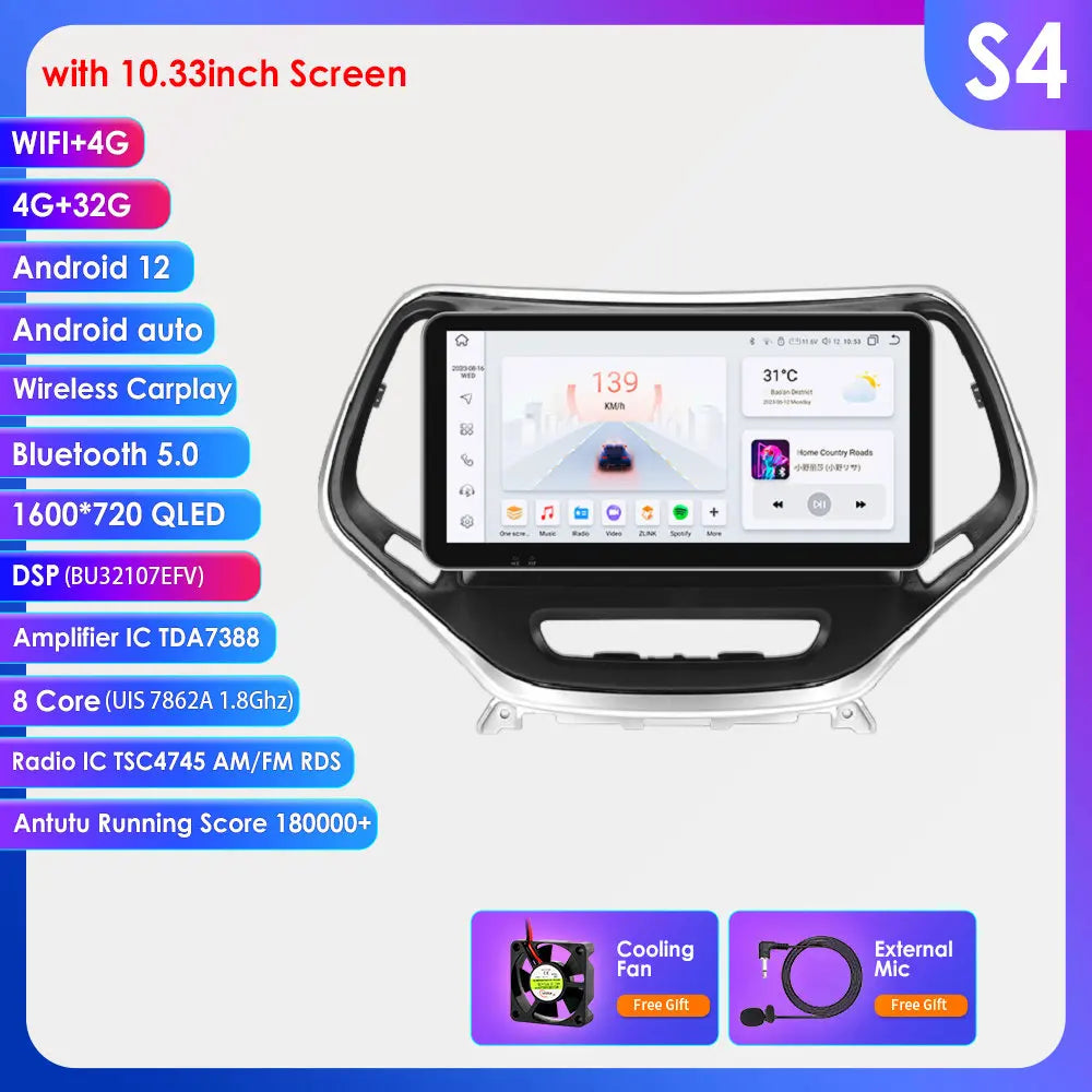 Jeep Cherokee 5 KL 2015 - 2018 9" / 10,33" Android 14 Carplay Android auto wireless wifi bt gps 4g AUTMHSWS