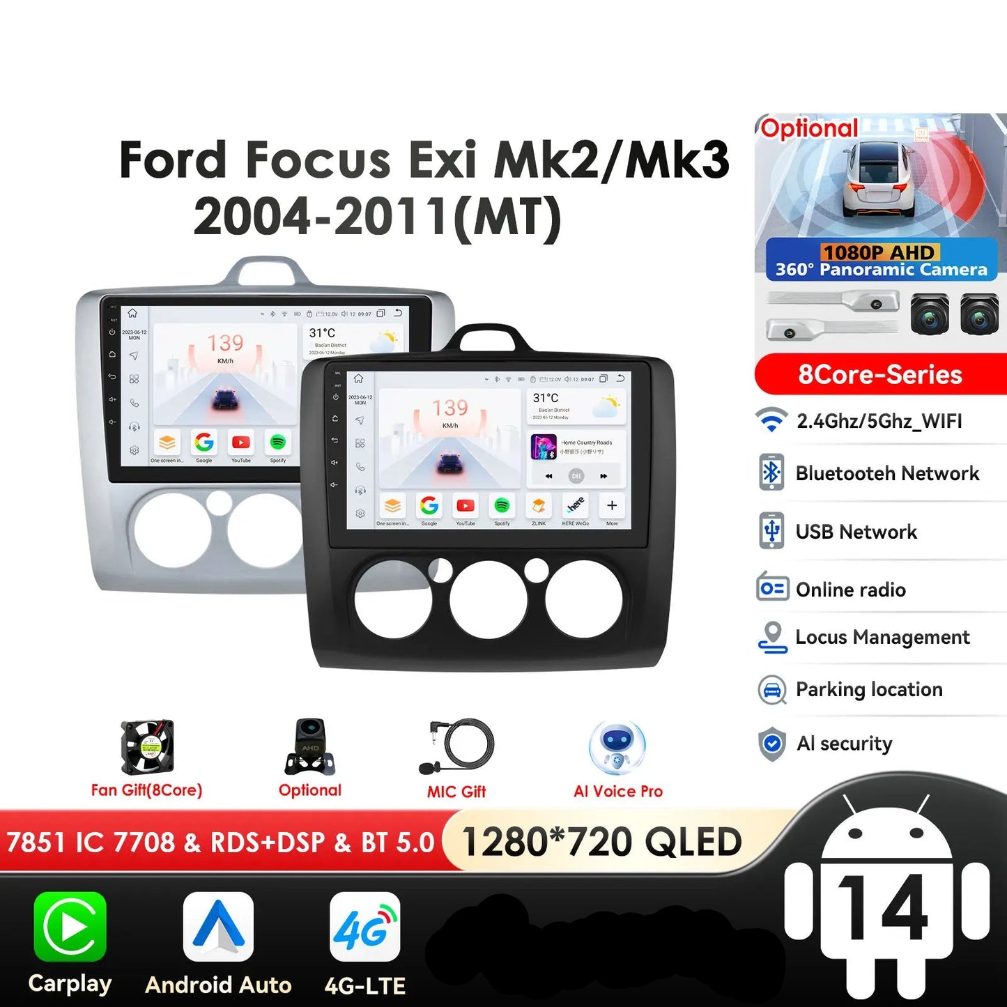 Ford Focus 2 3 Mk2 Mk3 2004-2011 9" Android 14 Carplay Android auto wireless wifi bt gps 4g  AUTMG5XX