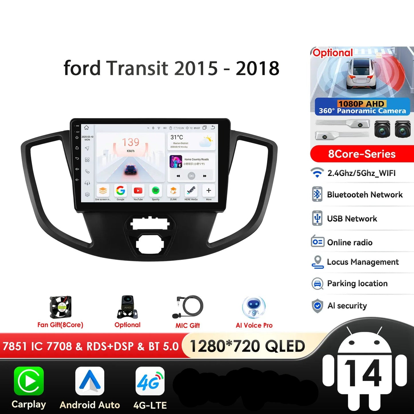 Ford Transit 2015-2018 9" Android 14 Carplay Android auto wireless wifi bt gps 4g  AUTMVLPD
