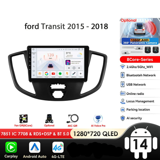 Ford Transit 2015-2018 9" Android 14 Carplay Android auto wireless wifi bt gps 4g  AUTMVLPD
