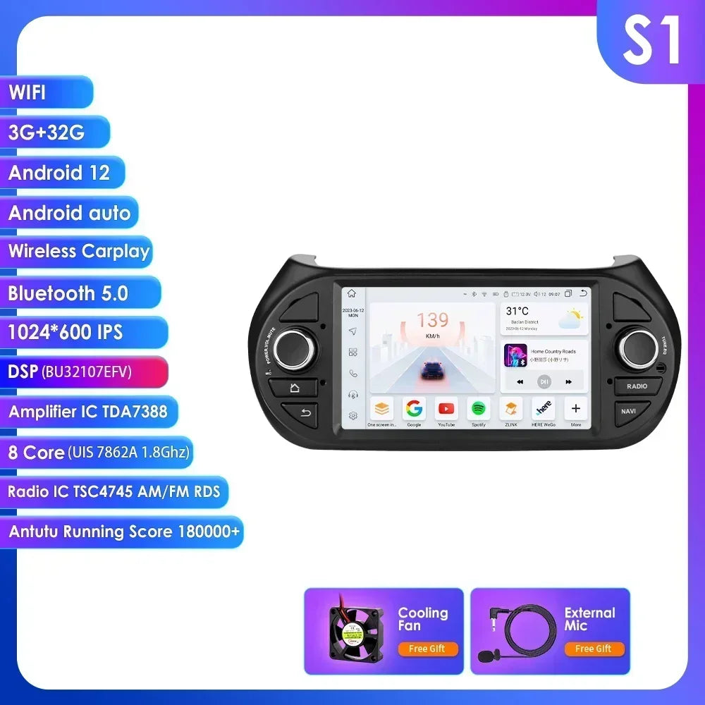 Fiat Qubo/ Fiorino / Citroen Nemo / Peugeot Bipper 7" Android 14 Carplay Android auto wireless wifi bt gps 4g   AUTMZVQA