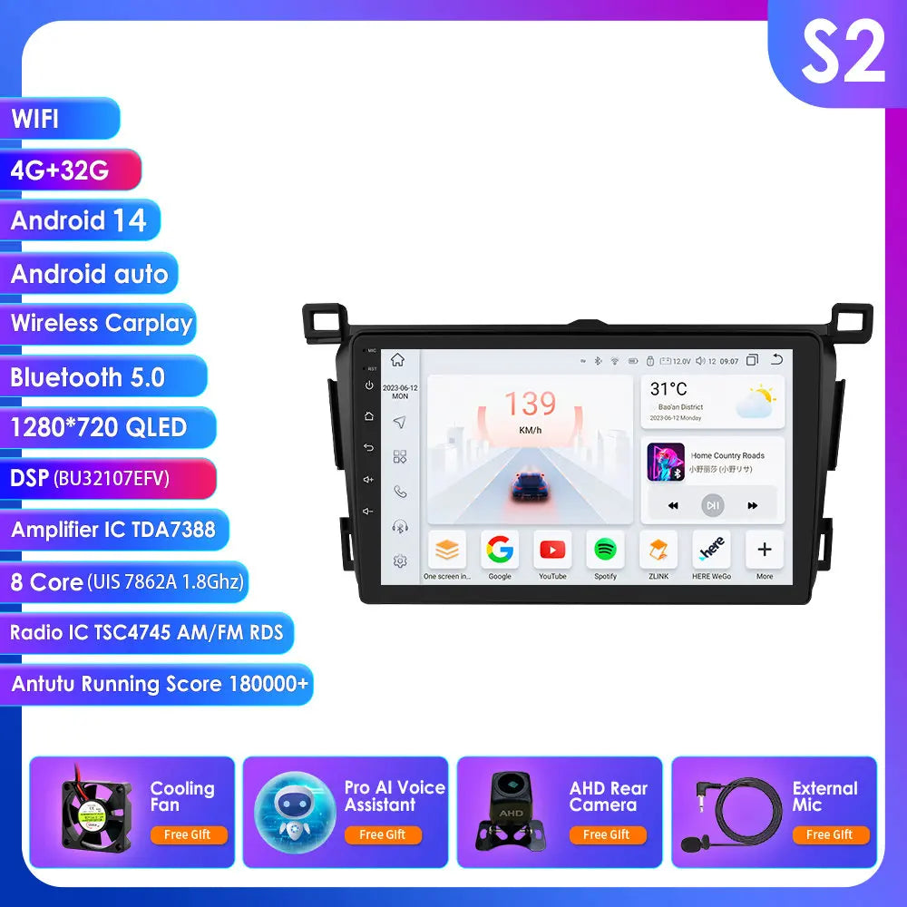 Toyota RAV4 Rav 4 2013-2018 9" Android 14 Carplay Android auto wireless wifi bt gps 4g  AUTM4VARTY