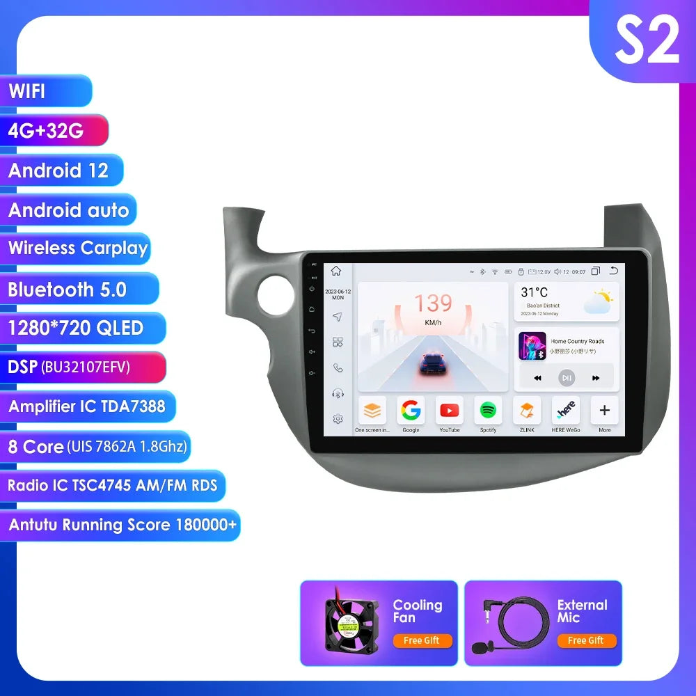 HONDA FIT JAZZ 2007-2013 9" Android 14 Carplay Android auto wireless wifi bt gps 4g  AUTMJZFHD