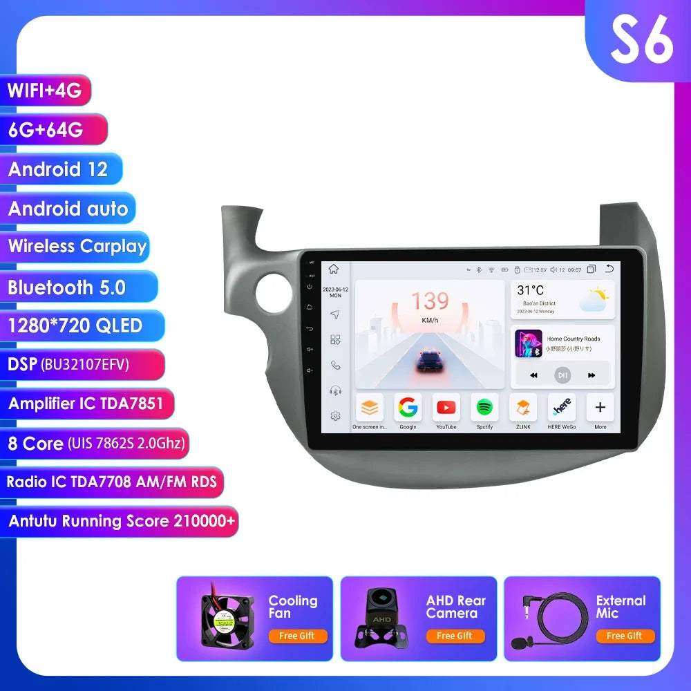 HONDA FIT JAZZ 2007-2013 9" Android 14 Carplay Android auto wireless wifi bt gps 4g  AUTMJZFHD