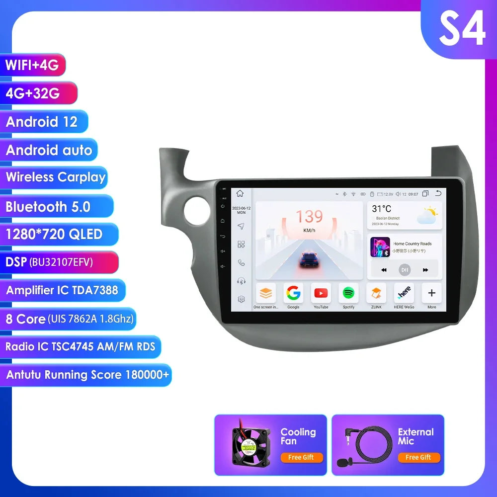 HONDA FIT JAZZ 2007-2013 9" Android 14 Carplay Android auto wireless wifi bt gps 4g  AUTMJZFHD