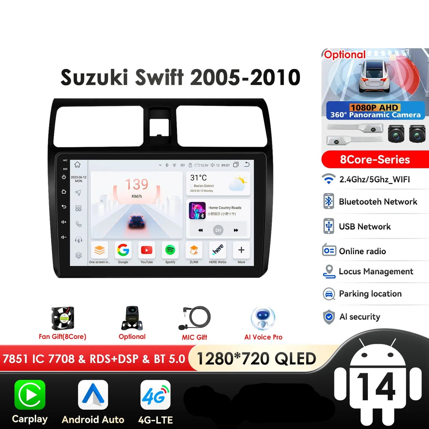 Suzuki Swift 2005-2010 9" Android 14 Carplay Android auto wireless wifi bt gps 4g AUTMTSDHF