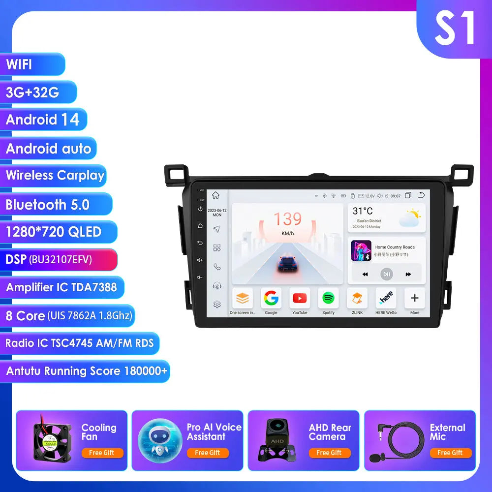 Toyota RAV4 Rav 4 2013-2018 9" Android 14 Carplay Android auto wireless wifi bt gps 4g  AUTM4VARTY
