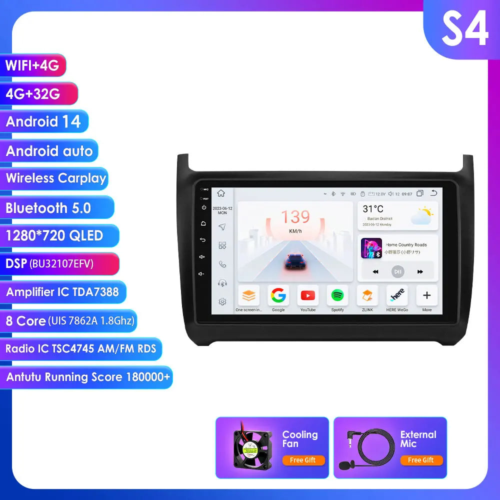 Volkswagen Polo 5 2009-2020 9" Android 14 Carplay Android auto wireless wifi bt gps 4g AUTMWHJD