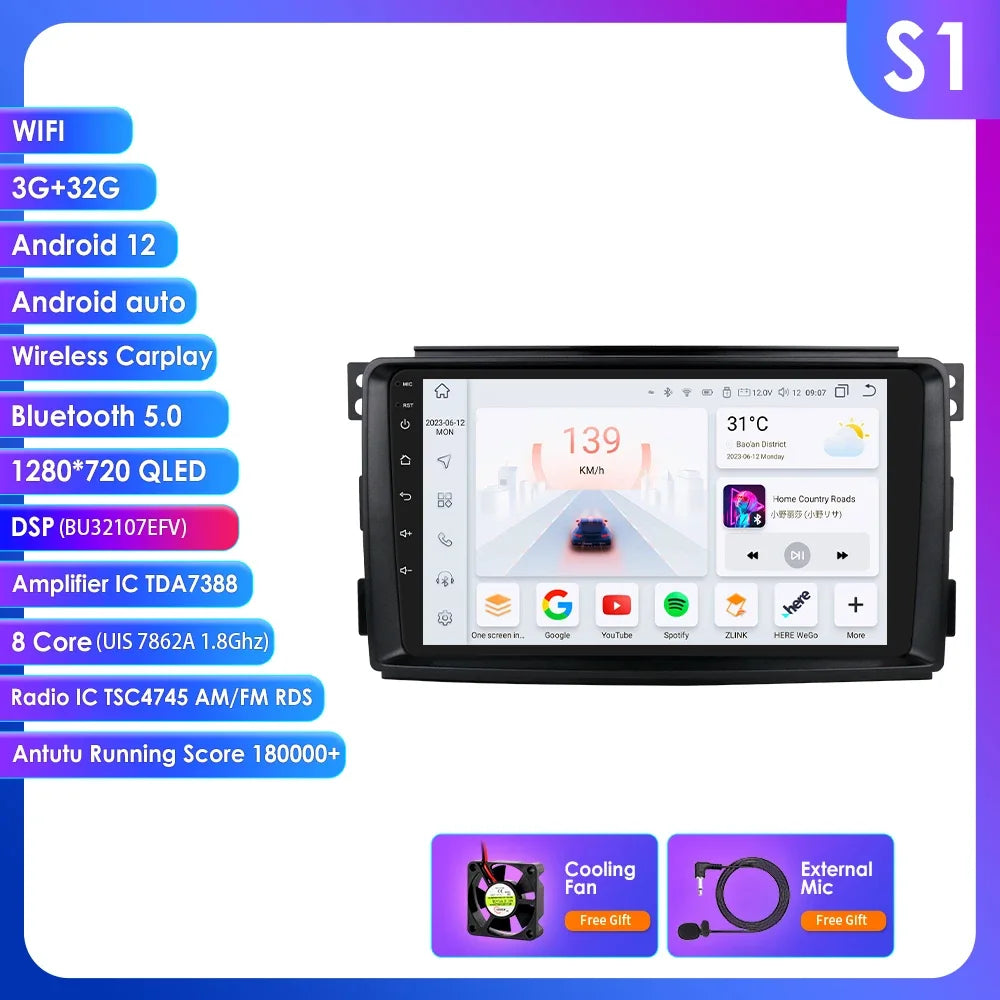 Smart Fortwo 2006-2010 9" Android 14 Carplay Android auto wireless wifi bt gps 4g AUTMB3CC