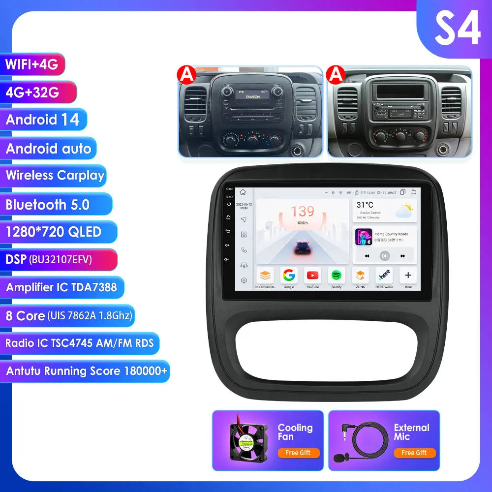 Renault Trafic 3 / Opel Vivaro B 2014-2021 9" 10.33''  9" Android 14 Carplay Android auto wireless wifi bt gps 4g AUTMUYH9