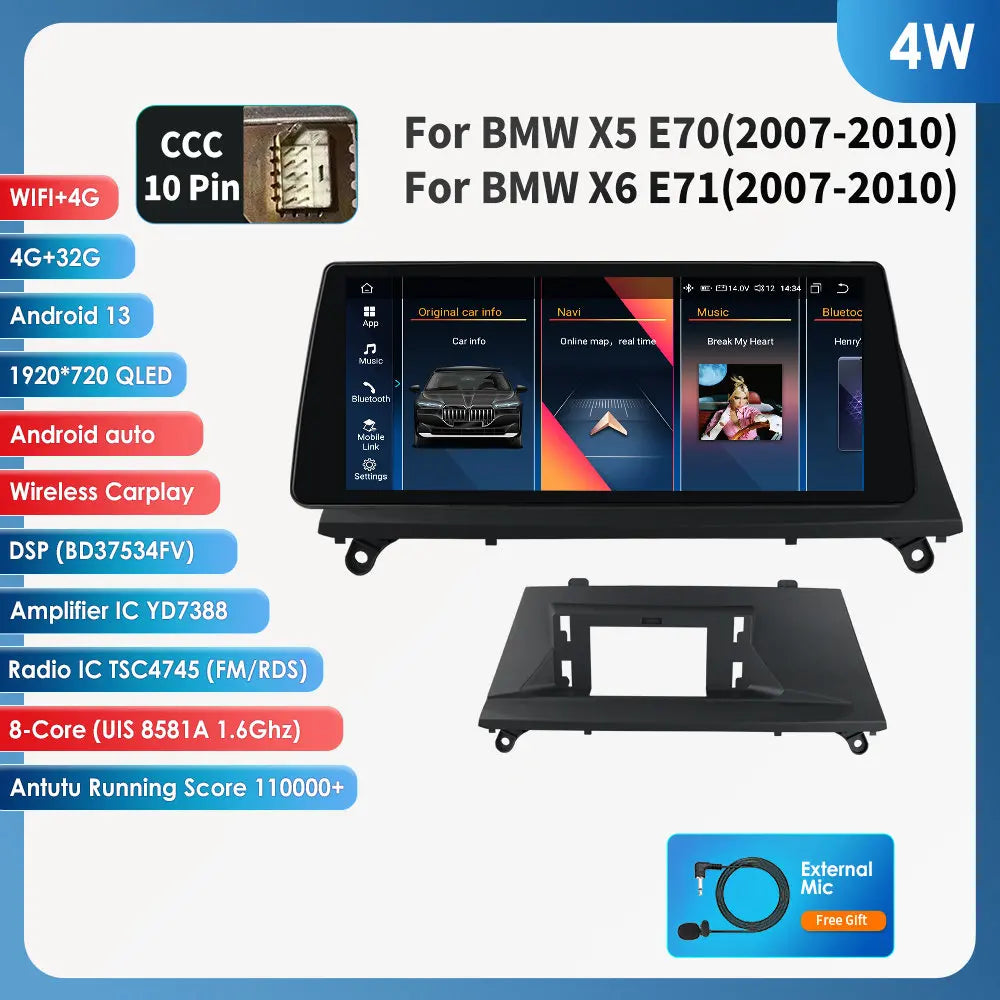 BMW X5 E70 X6 E71 CCC CIC 10,25" Android 14 Carplay Android auto wireless wifi bt gps 4g AUTM9L6U