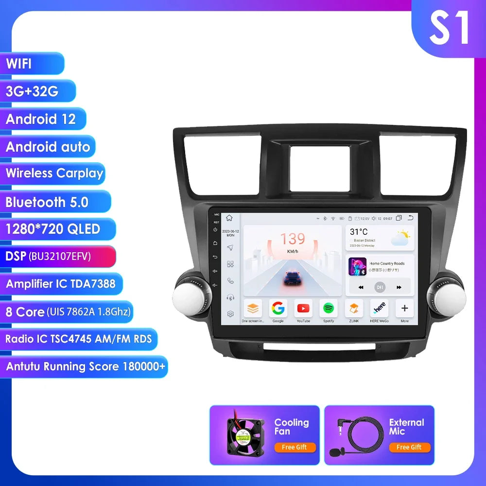 Toyota Highlander Kluger 2 XU40 2007 - 2013  9" Android 14 Carplay Android auto wireless wifi bt gps 4g   AUTMHIGTY