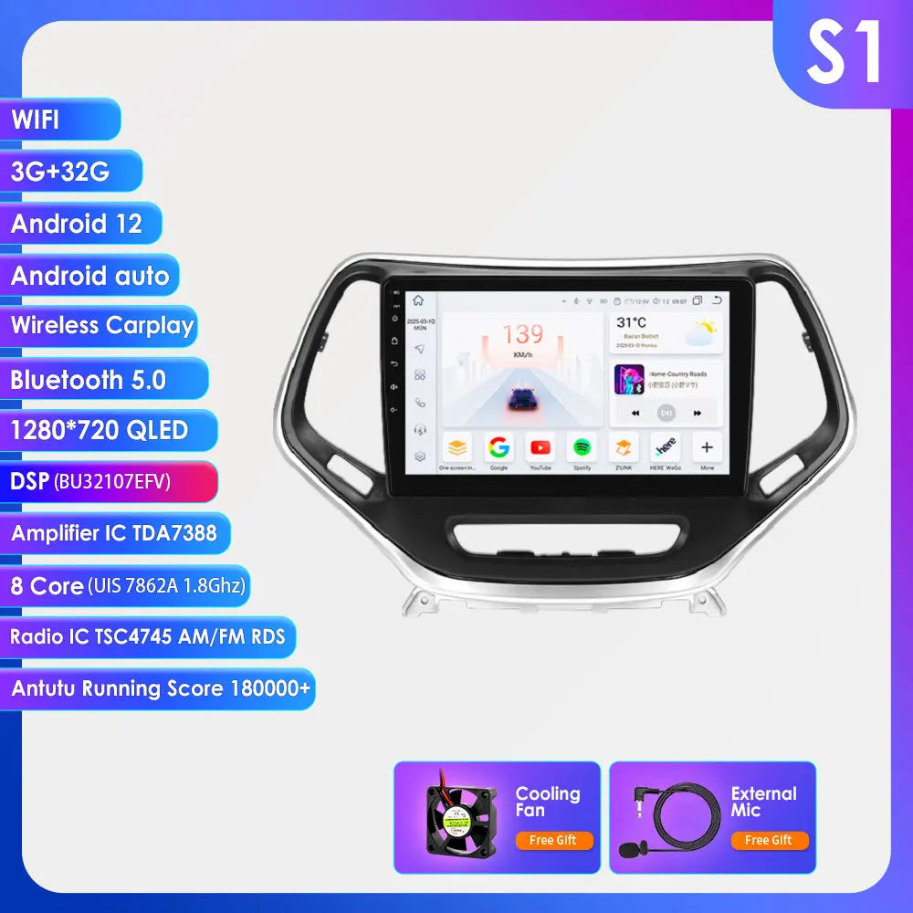 Jeep Cherokee 5 KL 2015 - 2018 9" / 10,33" Android 14 Carplay Android auto wireless wifi bt gps 4g AUTMHSWS