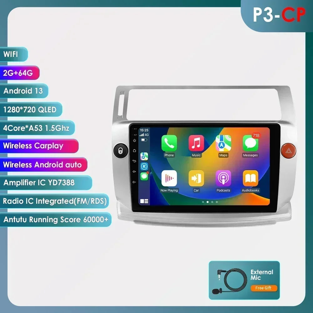 Citroen C4 C-Quatro 2004-2009  9" Android 14 Carplay Android auto wireless wifi bt gps 4g  AUTM4029