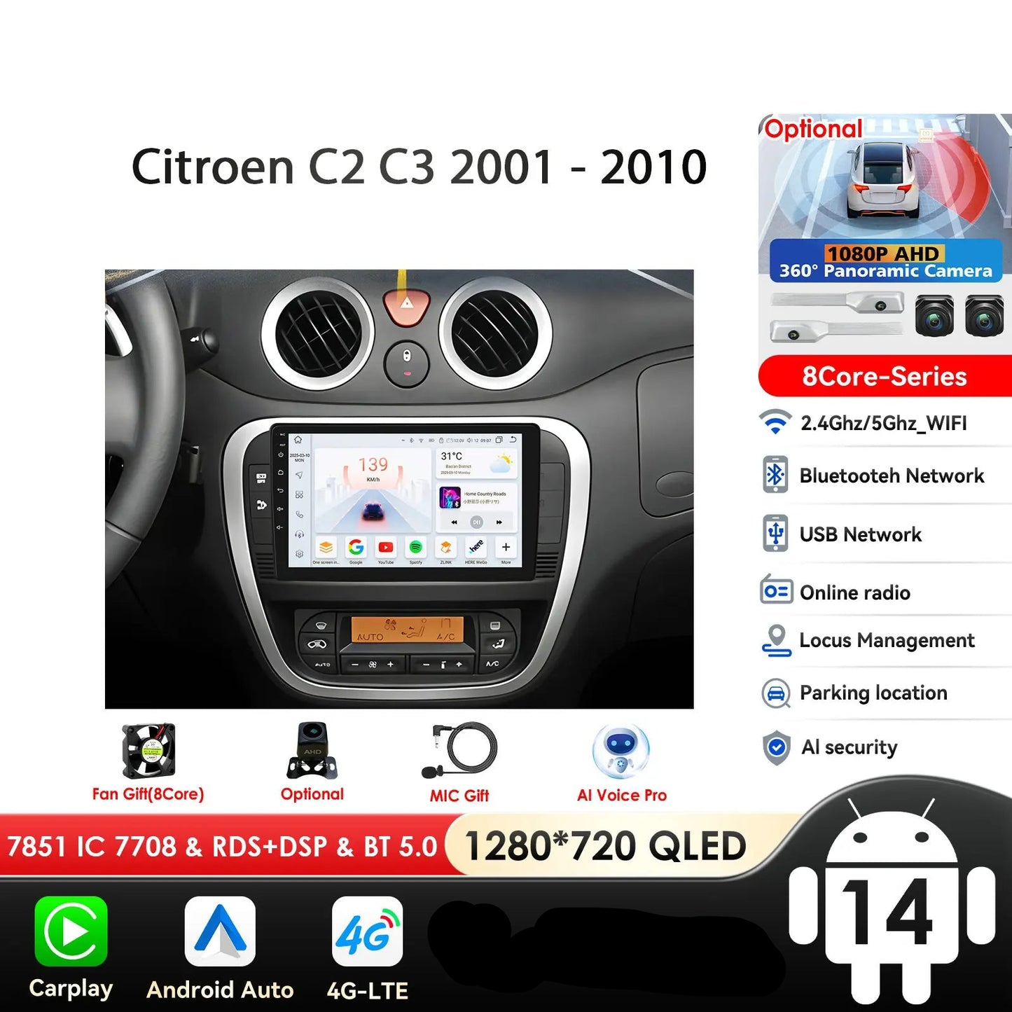 Citroen C2 C3 2001 - 2010 9" Android 14 Carplay Android auto wireless wifi bt gps 4g  AUTME40A