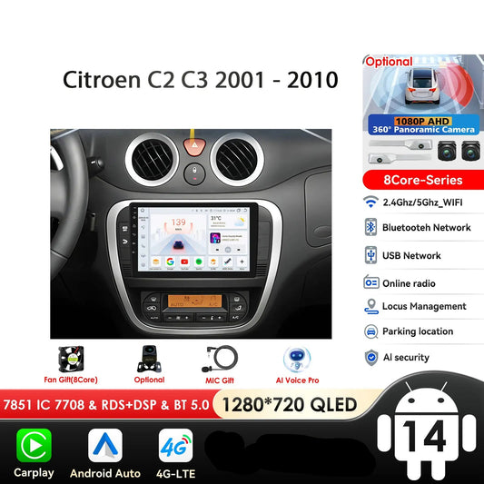 Citroen C2 C3 2001 - 2010 9" Android 14 Carplay Android auto wireless wifi bt gps 4g  AUTME40A