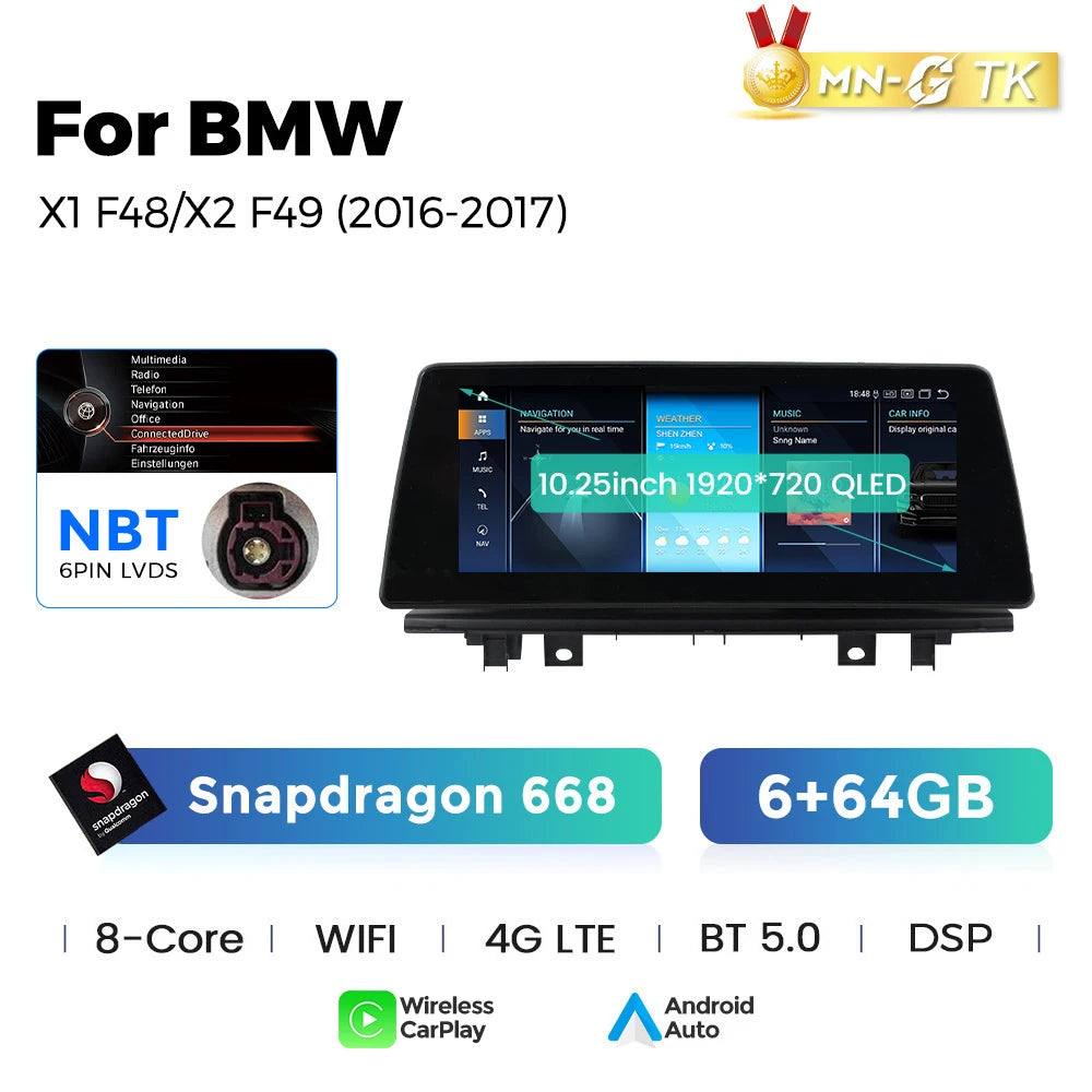 BMW X1 X2 F48 F49 F39 2016-2020 NBT EVO 10,25"  Qualcomm 668/680 Wireless CarPlay Android Auto  Multimedia   HD 1920*720 QLED Dual BT 4G LTE Supporta 360 Camera AHD WIFI  AUTM5B86