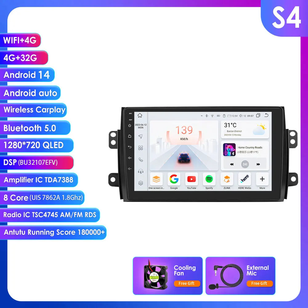 Suzuki SX4/Fiat 16 2005-2014 9" Android 14 Carplay Android auto wireless wifi bt gps 4g AUTMDSJD
