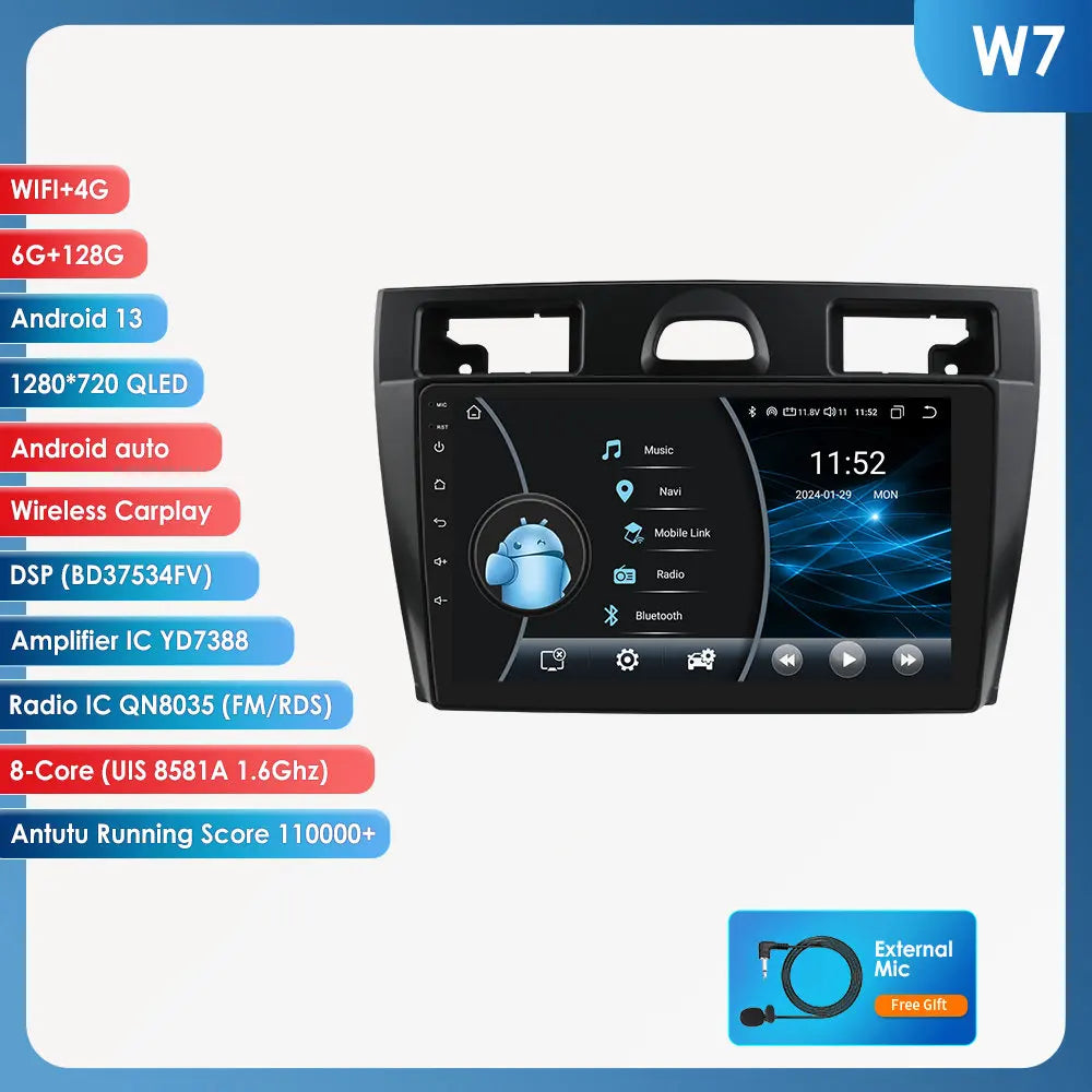 Ford Fiesta Mk VI 5 Mk5 2002 - 2008 9" Android 14 Carplay Android auto wireless wifi bt gps 4g  AUTMRL7L