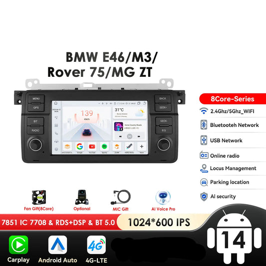BMW E46 M3 Rover 75 Coupe 318/320/325/330/335 7" Android 14 Carplay Android auto wireless wifi bt gps 4g AUTMV3CK